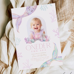 Editable Oneder the Sea 1st Birthday Invitation for Girls, Ocean First Bday Invite, Mermaid Theme Under the Sea Invite Boho Digital Download image 1