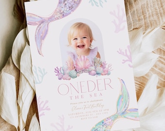 Editable Oneder the Sea 1st Birthday Invitation for Girls, Ocean First Bday Invite, Mermaid Theme Under the Sea Invite Boho Digital Download