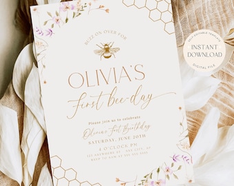 First Bee Day Birthday Invitation 1st Bee-Day Party Invite First Birthday Boho Invitation Bumble Bee Invite 1st Birthday Invite for Girl