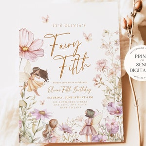 May include: A printable invitation for a girl's fifth birthday party. The invitation features a floral design with fairies and butterflies. The text on the invitation reads "It's Olivia's Fairy Fifth" and includes details about the party, such as the date, time, and location. The invitation also includes the text "Our Dearest Moments Design Co."