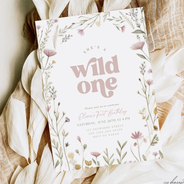 Wild One Birthday Invitation Wildflower Birthday Invitation 1st birthday Invitation Girl Boho Minimalist First Birthday Invitation For Girl