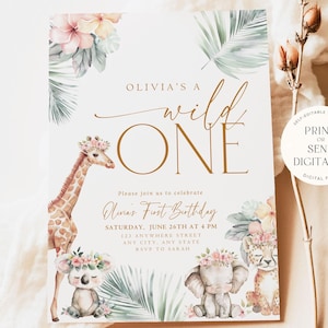 May include: A printable invitation for a first birthday party with a jungle theme. The invitation features a giraffe, elephant, koala, and leopard with a floral crown. The text reads "Olivia's a Wild One" and includes details for the party, such as the date, time, and location.