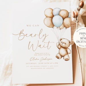 Editable We Can Bearly Wait Baby Shower Invitation Teddy Bear Baby Shower Invite Digital Download Printable Minimalist Boy Baby Shower Blue