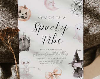 May include: A Halloween-themed invitation with the text "Seven is a Spooky Vibe." The design includes watercolor illustrations of a pumpkin, moon, spiderweb, ghost, cauldron, skeleton, witch, and a bow. The invitation is for Olivia's Seventh Birthday.