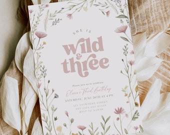 Wild and Three Birthday Invitation Wildflower Birthday Invite 3rd Birthday Invitation Girl Boho Minimalist Third Birthday Invitation Girl