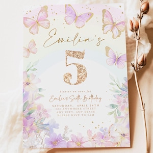 May include: A pink and purple floral birthday invitation with a gold glitter number 5 and butterflies. The text on the invitation reads "Emilia's Fifth Birthday" and includes the date, time, and location of the party. The invitation also includes the text "Please RSVP to Sam".