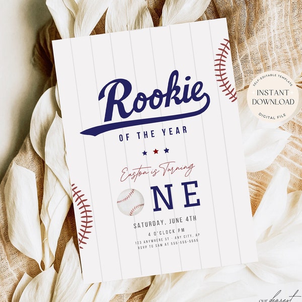 Rookie Year First Birthday Invitation Digital Template Sports 1st Birthday Invitation for Boy Printable Baseball First Birthday Invitation