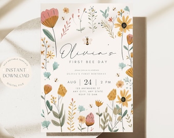 First Bee Day Birthday Invitation 1st Bee-Day Party Invite First Birthday Boho Invitation Bumble Bee Invite 1st Birthday Invite for Girl