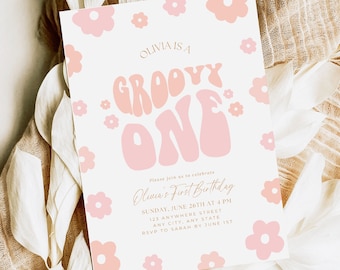 Groovy One Birthday Invitation, Retro Floral 1st Birthday (Digital)
