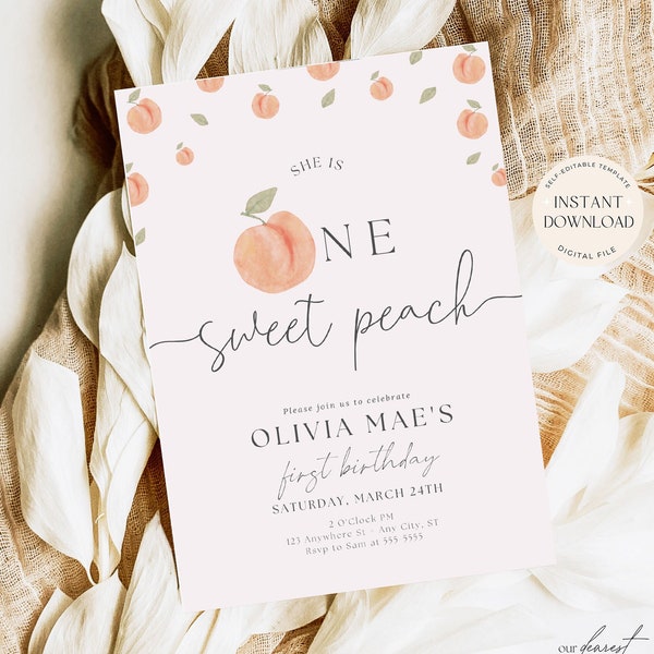 One Sweet Peach Invitation Peach Birthday Invite First Birthday Invite Template Digital Printable Boho One Sweet Peach Invite Editable Evite