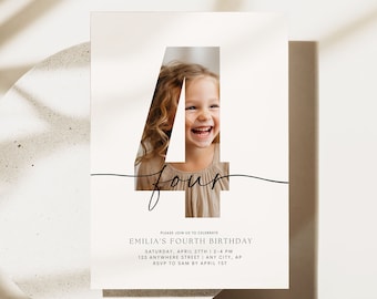 EDITABLE Minimalist Fourth Birthday Invitation Boho Fourth Birthday Invite Birthday Invite for Girls 4th Birthday Invite Digital Template