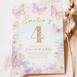 May include: A pink and purple floral invitation with gold glitter accents. The invitation features butterflies and the text "Emilia's 4th Birthday".