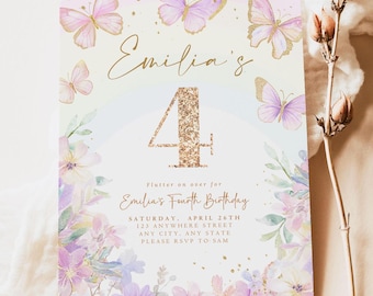Editable Butterfly 4th Birthday Invitation Rainbow Butterfly Girl Fourth Birthday Invite Whimsical Floral Flower Garden Instant Download