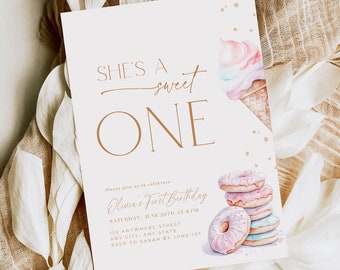 EDITABLE Sweet One Birthday Invite for Girl, First Birthday Invitation for Girl, Sweet One 1st Birthday Invitation Sweet One Themed Birthday