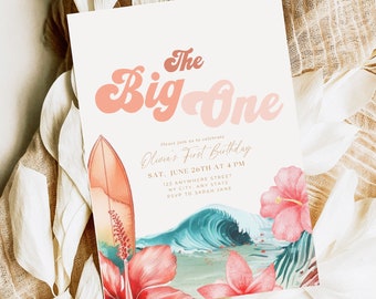 The Big One Invitation for Girl Surfing 1st Birthday Invitation Retro Surf Birthday InvitationBeach Party Invite Boho 1st Birthday Invite
