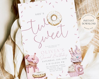 Two Sweet Second Birthday Invite 2nd Birthday Invitation Donut Party Theme Boho 2 year old party theme Digital Printable Invitation Template