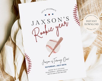 Rookie Year First Birthday Invitation Digital Template Sports 1st Birthday Invitation for Boy Printable Baseball First Birthday Invitation