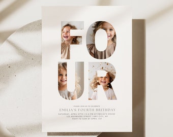 EDITABLE Minimalist Fourth Birthday Invitation Boho Fourth Birthday Invite Birthday Invite for Girls 4th Birthday Invite Digital Template