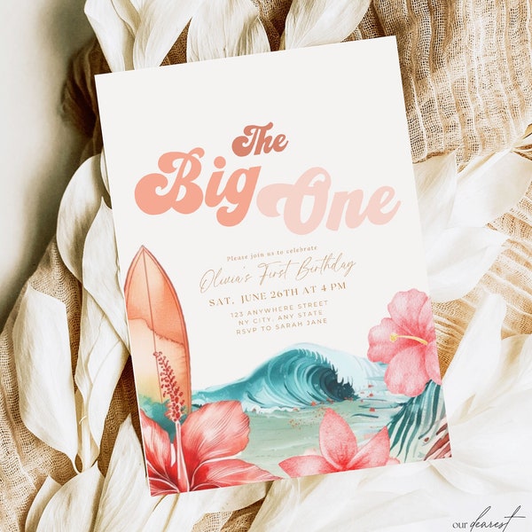 The Big One Invitation for Girl Surfing 1st Birthday Invitation Retro Surf Birthday InvitationBeach Party Invite Boho 1st Birthday Invite