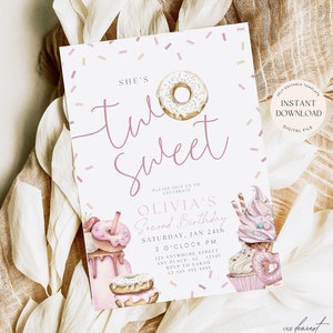 Two Sweet Second Birthday Invite 2nd Birthday Invitation Donut Party Theme Boho 2 year old party theme Digital Printable Invitation Template