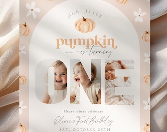 Editable First Birthday Our Little One is Pumpkin Invite 1st Birthday Invitation Girl Fall Boho Halloween Digital Download Printable Daisy