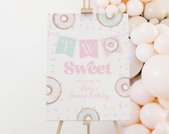 Twee zoete tweede verjaardag thema decor twee zoete welkom teken donut thema 2e verjaardag sjabloon welkom poster Boho twee zoete partij Instant