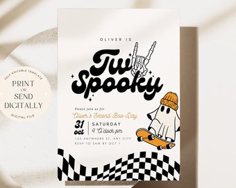 Editable Two Spooky Birthday Invitation Halloween 2nd Birthday Party Invite Second Birthday Boy Instant Download Retro Ghost Skateboard