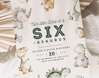 May include: A light pink dinosaur birthday party invitation with green text that reads "Our little Dino is a SIX -ASAURUS" and "Please join us to celebrate OLIVER'S SIXTH BIRTHDAY SEPT 20 2PM 123 ANYWHERE ST, ANT CITY RSVP TO SAMANTHA". The invitation features a variety of cartoon dinosaurs in shades of brown, green, and gray.