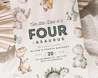 Editable Dinosaur 4th Boy Birthday Invitation Dino-Four Invite Four-asaurus Boho Minimalist Digital Printable Four-Rex Instant Download Cute