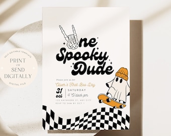 Editable One Spooky Dude Birthday Invitation Halloween Boy 1st Birthday Invite First Birthday Instant Download Spooky One Skateboard Ghost
