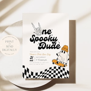 Editable One Spooky Dude Birthday Invitation Halloween Boy 1st Birthday Invite First Birthday Instant Download Spooky One Skateboard Ghost