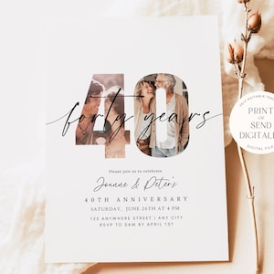 Uitnodiging voor het 40-jarig jubileum, uitnodiging voor het 40-jarig huwelijksjubileum met foto, direct te downloaden, printbaar, bewerkbaar sjabloon, boho minimalistisch, 40e
