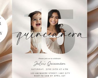 Editable Quinceañera Invitation Quinceanera Digital Invite 15th birthday Invite Printable Minimalist Modern Invitation with Picture Template