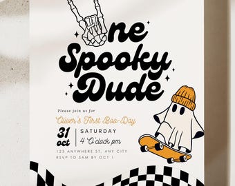 Editable One Spooky Dude Birthday Invitation Halloween Boy 1st Birthday Invite First Birthday Instant Download Spooky One Skateboard Ghost