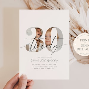 30th Birthday Invitation Template 30th Digital Invite with Photo Instant Download Minimalist Boho Dirty Thirty Printable Look Who's 30