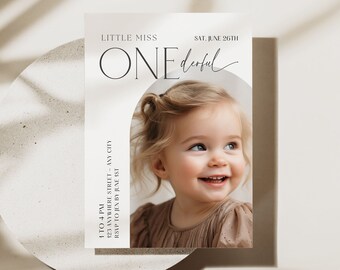 Editable First Birthday Invitation Minimalist Boho 1st Birthday for Girls First Birthday Invitation 1st Birthday Invitation with Picture