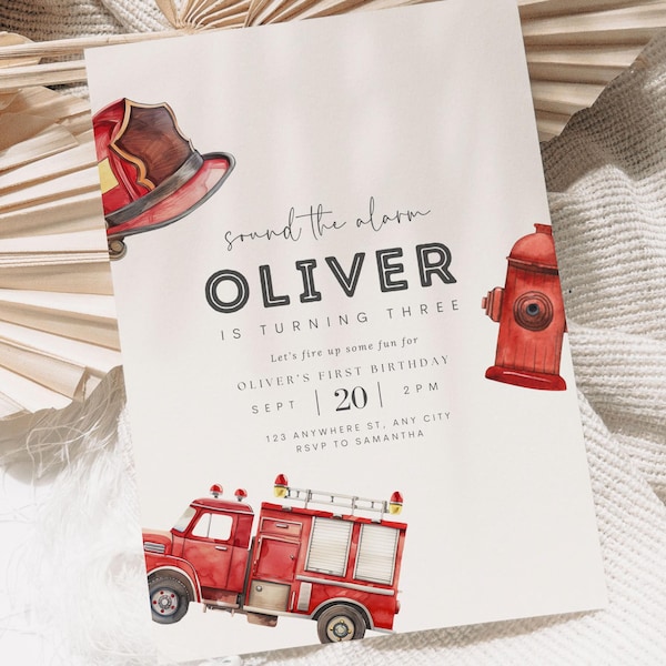 Editable Firetruck Invitation Fire Fighter Birthday Invite Fire Truck Birthday Firefighter Theme Boy Birthday Digital Invitation Printable