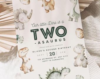 Editable Dinosaur Second Birthday Invitation Two Rex Invite Dino 2nd Boy Birthday Theme  Boho Minimalist Digital Printable Second Birthday