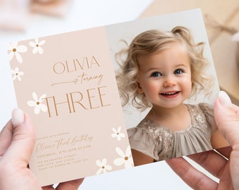 Boho Daisy 3rd Birthday Invitation, Girl's Party Invite (Digital)