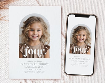 EDITABLE Minimalist Fourth Birthday Invitation Boho Fourth Birthday Invite Birthday Invite for Girls 4th Birthday Invite Digital Template