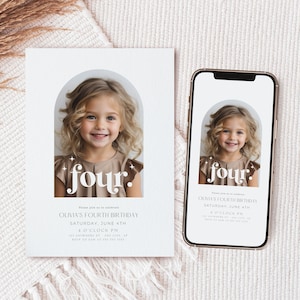 EDITABLE Minimalist Fourth Birthday Invitation Boho Fourth Birthday Invite Birthday Invite for Girls 4th Birthday Invite Digital Template
