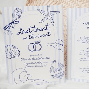 Last Toast on the Coast Bachelorette Invitation Bach Club Itinerary Coastal Beach Bachelorette Weekend Invite Nautical Summer Girls Trip