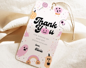 May include: Pink and orange Halloween thank you tag with a ghost, rainbow, pumpkins, and the text "Thank You" in pink and black. The text below reads "For making my boo-day spooktacular! Love, Olivia."