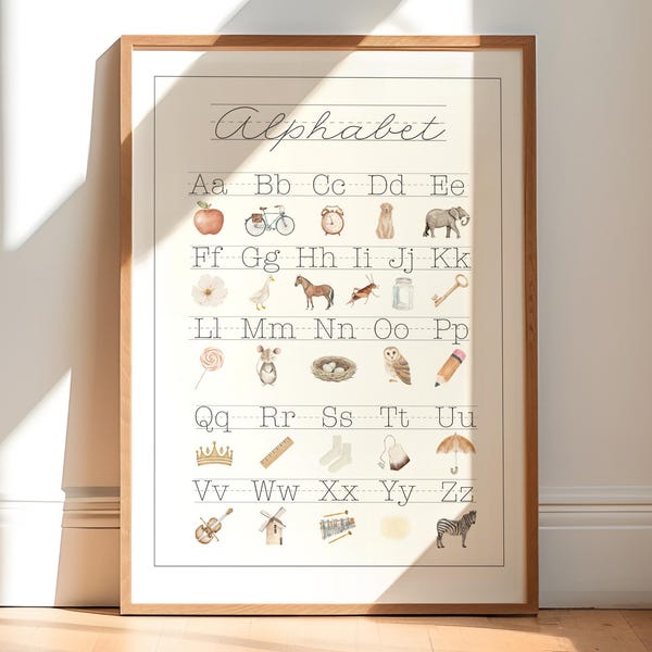 Alphabet Printable Wall Art Poster 5 sizes ABC Sign Classroom Digital Instant Download Alphabet Chart ABC's Class Decor Vintage Boho Nursery