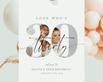 EDITABLE 30th Birthday Welcome Sign Look Who's 30 Welcome Poster Minimalist Modern 30 th Welcome Sign Instant Download Thirty Years Old