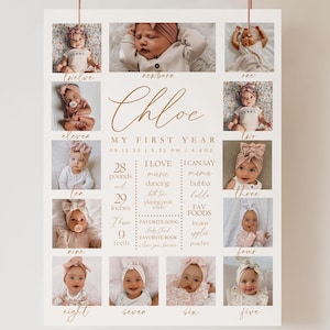 Plantilla minimalista para cartel con foto de primer cumpleaños Póster imprimible del primer año del bebé Descarga instantánea de cumpleaños moderna Póster con foto del primer cumpleaños