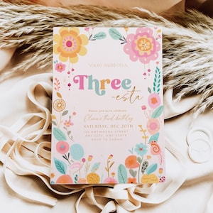 May include: A pink and yellow floral birthday invitation with the text "You're invited to a Three-esta" and "Please join us to celebrate Luna's third birthday Saturday, Dec 20th 123 Anywhere Street Any City, Any State RSVP to Sarah".