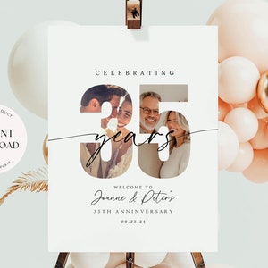 以下が含まれることがあります： イーゼルに立てられた白い看板。文字は「CELEBRATING 35 years」、名前は「Joanne & Peter's」、日付は「09.23.24」です。数字の中に写真があります。「DIGITAL PRODUCT」と「INSTANT DOWNLOAD」の文字も表示されています。