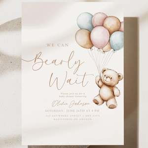 Editable We Can Bearly Wait Baby Shower Invitation Teddy Bear Baby Shower Invite Digital Download Printable Minimalist Blue Pink Neutral