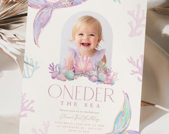 Editable Oneder the Sea 1st Birthday Invitation for Girls, Ocean First Bday Invite, Mermaid Theme Under the Sea Invite Boho Digital Download